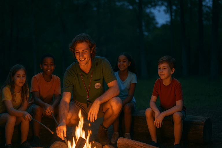 Counsellor and campers in front of a campfire