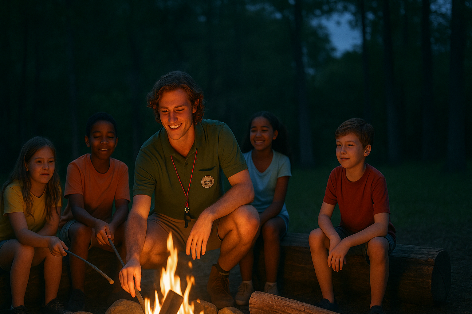 Counsellor and campers in front of a campfire