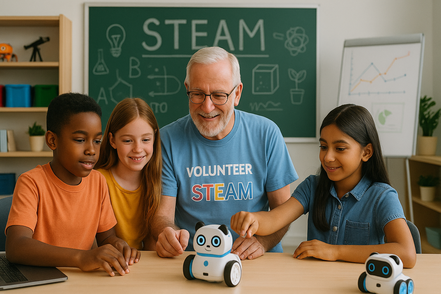 Senior volunteering at a STEAM Camp